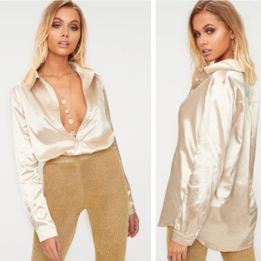 Champagne satin button front shirt